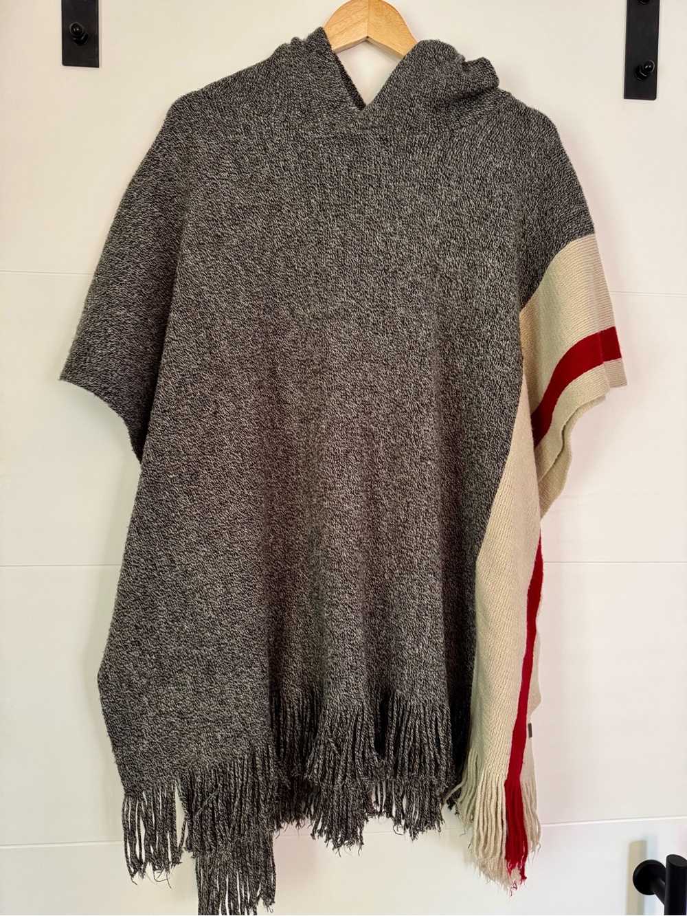 Roots Gray Hooded Fringe Poncho with Cream and Red Accent